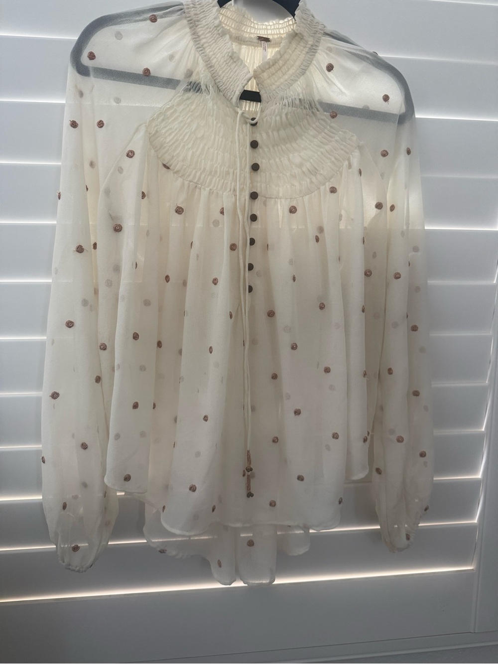 Free People Ivory Sheer Polka Dot Smocked Neck Blouse